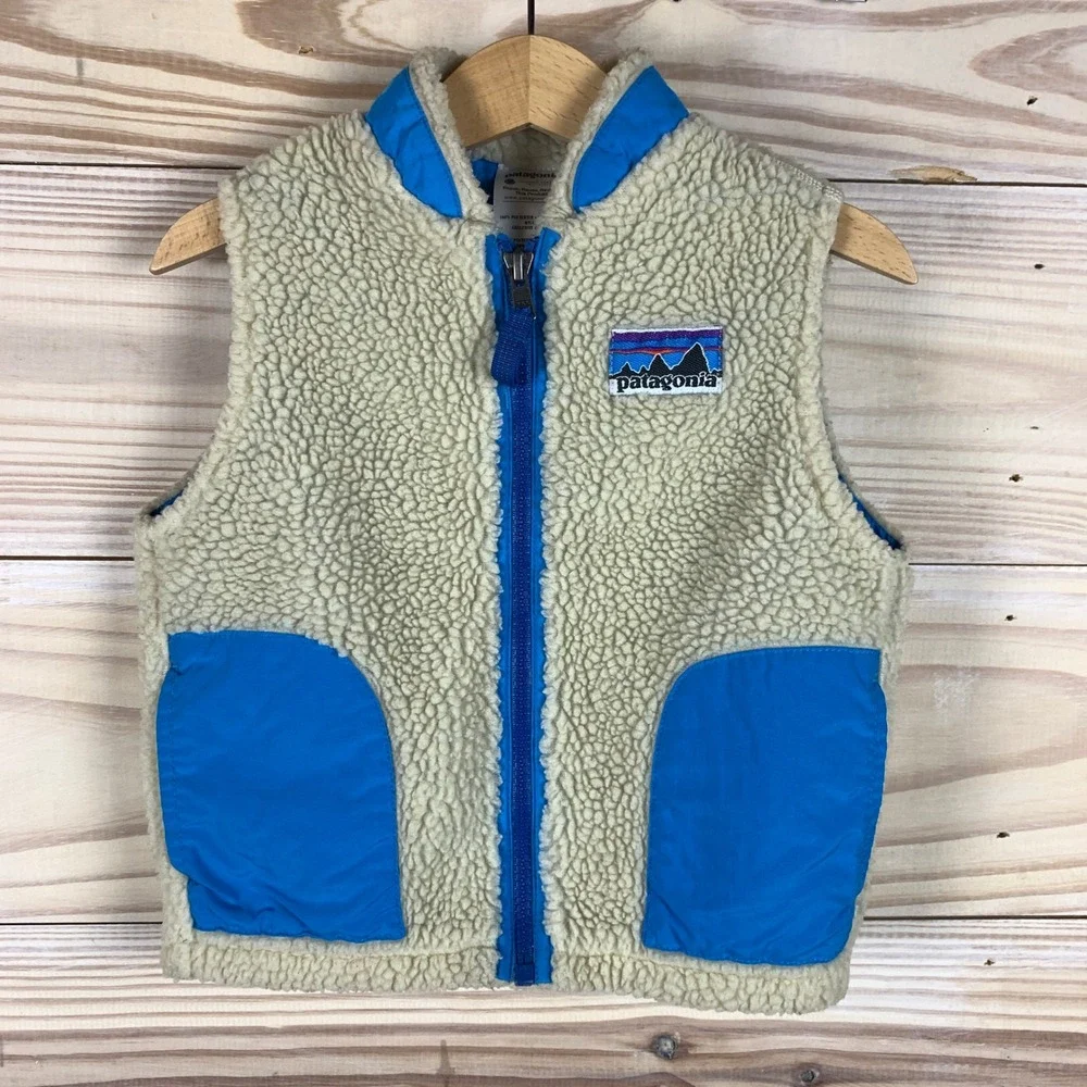 Patagonia Fleece Vest Kids 2T Beige Blue Retro-X Sherpa Full Zip Outdoor Layer